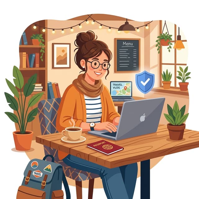 Traveler working securely in a cafe with Steady VPN protection